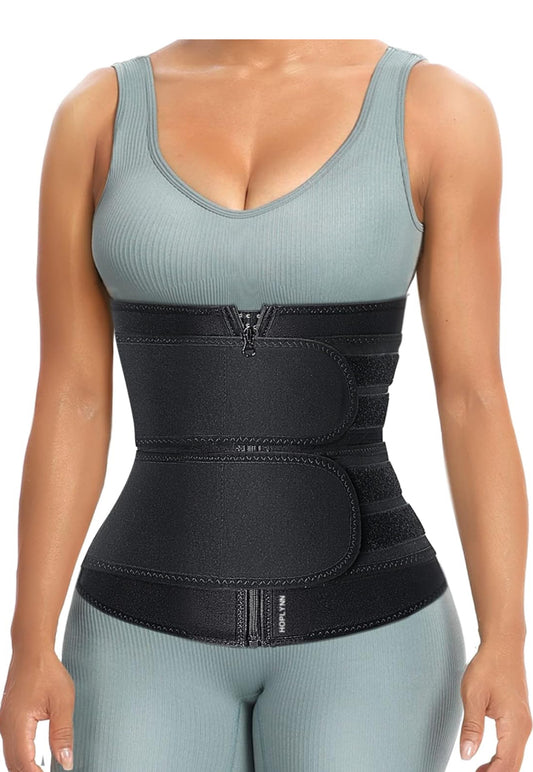 Black Sweat Waist Trainer for Women Two Belts, Neoprene Workout Corset Waist Trainer Cincher Trimmer Shaper Zipper