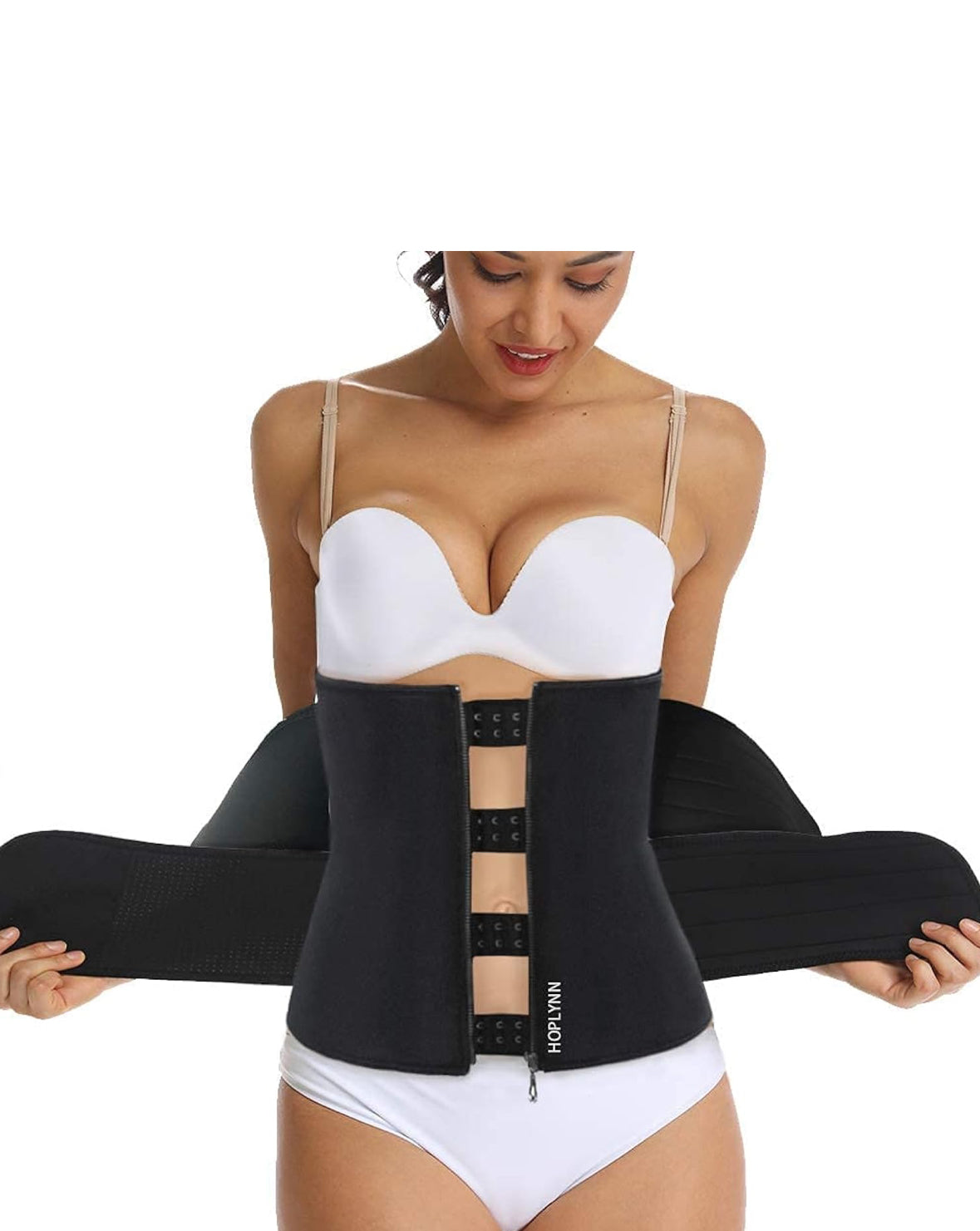Black Sweat Waist Trainer for Women Two Belts, Neoprene Workout Corset Waist Trainer Cincher Trimmer Shaper Zipper